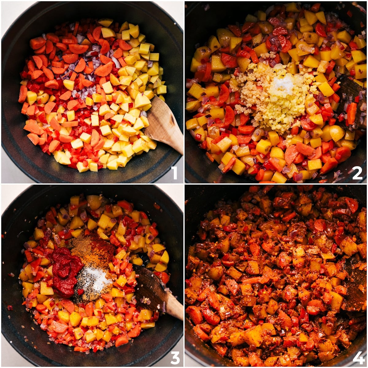 How To Make Vegetarian Masala Veggies sautéing in the pot, then seasonings and tomato paste added for this vegetable masala.