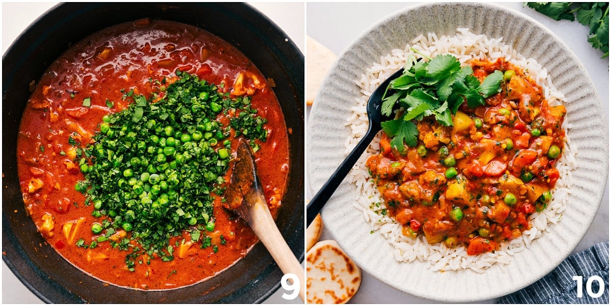 The Best Curry: Vegetable Masala Herbs and peas added to the pot, then the vegetable masala plated and ready to enjoy.