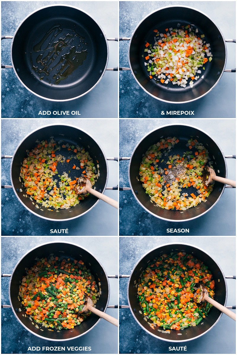 Chicken Pot Pie Pasta is packed with delicious ingredients including rotisserie chicken, tender veggies, and creamy orzo pasta. Plus: minimal chopping, minimal clean-up, and minimal hands-on time -- we employ a few short-cuts to have this meal ready in 30 minutes or less! Recipe via Chelseasmessyapron #dinner #quick #easy #simple #best #comfortfood #kidfriendly #chicken #chickenpotpie #pasta Process shots: browning the vegetables for Chicken Pot Pie Pasta