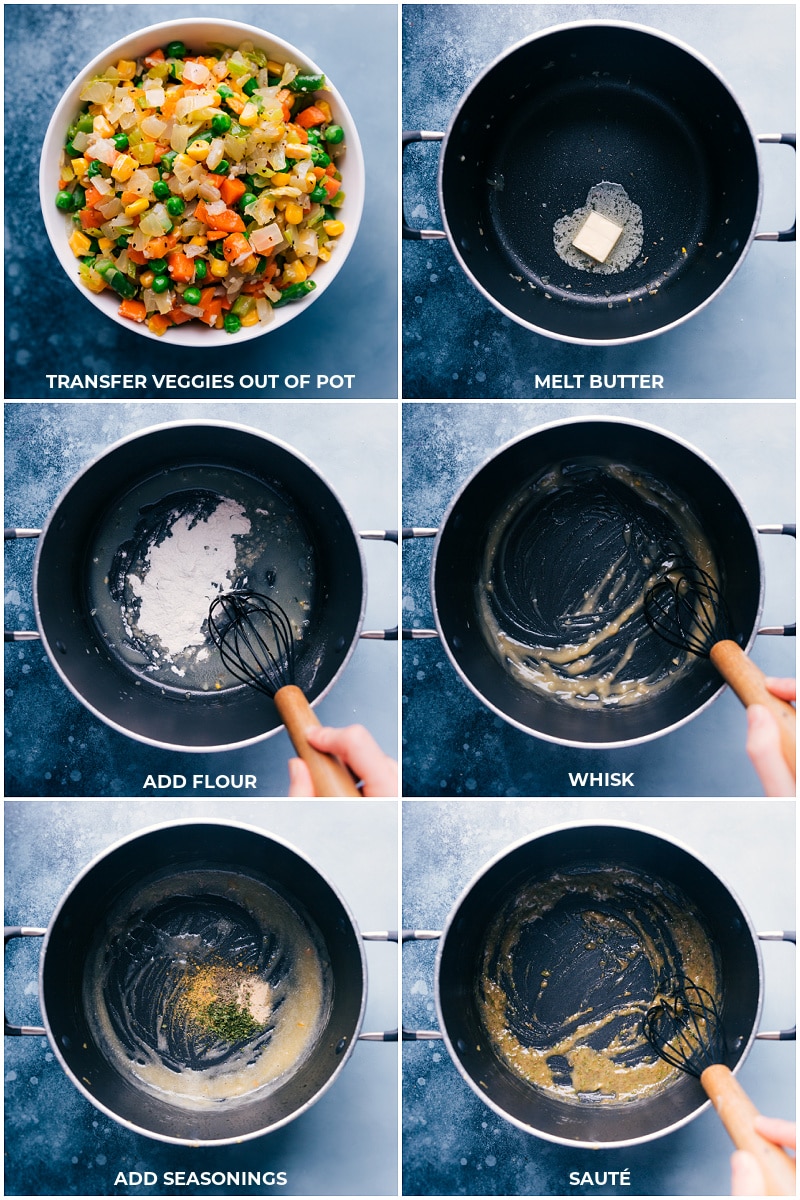 The best ever, one-pot Chicken Pot Pie Pasta is packed with delicious ingredients including rotisserie chicken, tender veggies, and creamy orzo pasta. Plus: minimal chopping, minimal clean-up, and minimal hands-on time -- we employ a few short-cuts to have this meal ready in 30 minutes or less! Recipe via Chelseasmessyapron #dinner #quick #easy #simple #best #comfortfood #kidfriendly #chicken #chickenpotpie #pasta Process shots: making the base for the sauce