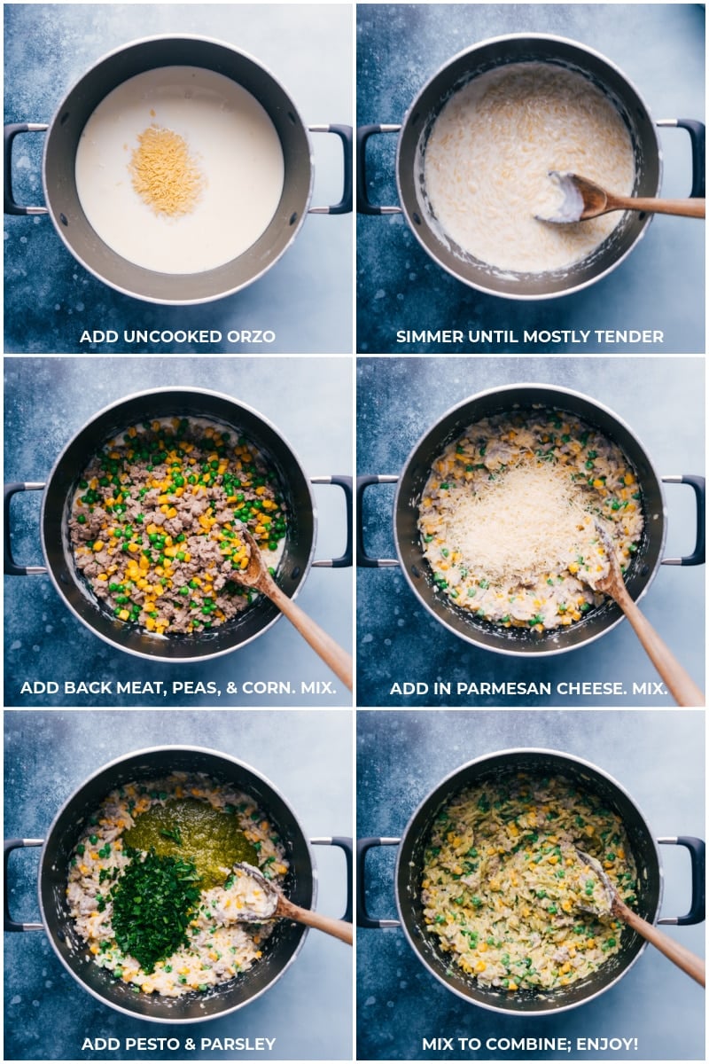 The best ever 30-minute Creamy Pesto Orzo is loaded with ground meat, veggies, and orzo pasta. Plus: minimal chopping, minimal dish clean-up, and minimal hands-on time. What's not to love?! Recipe via ChelseasMessyApron #dinner #quick #easy #simple #best #peas #corn #comfortfood #kidfriendly #creamy #pesto #orzo Process shots: cooking orzo and adding in the remaining ingredients