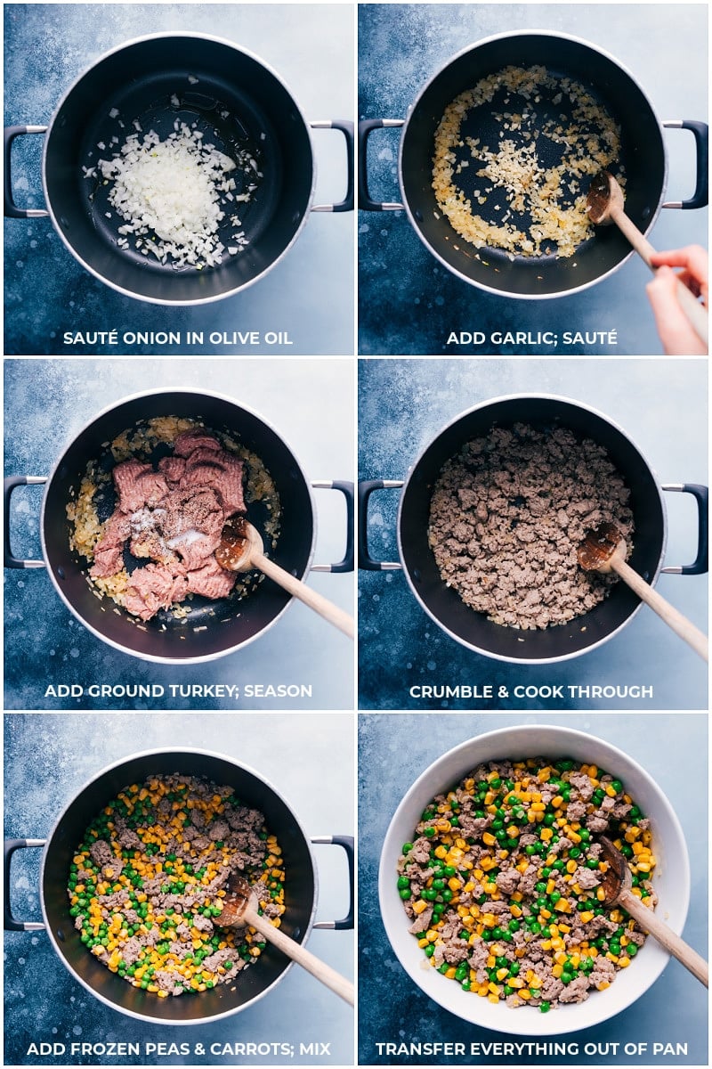 30-minute Creamy Pesto Orzo is loaded with ground meat, veggies, and orzo pasta. Plus: minimal chopping, minimal dish clean-up, and minimal hands-on time. What's not to love?! Recipe via ChelseasMessyApron #dinner #quick #easy #simple #best #peas #corn #comfortfood #kidfriendly #creamy #pesto #orzo Process shots: cooking the veggies and ground turkey