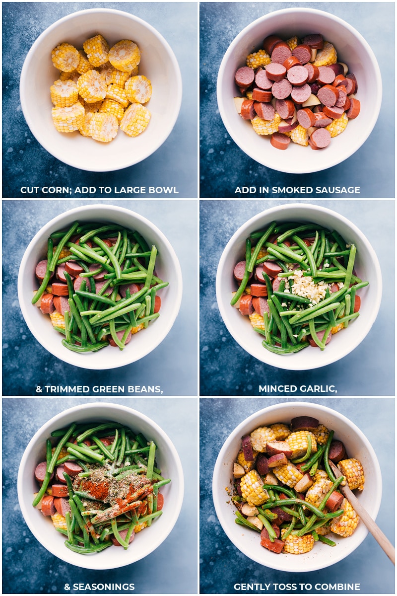 Easy Foil Pack Garlic Butter Sausage & Veggies with smoked sausage, red potatoes, sweet corn, and crisp green beans. Recipe via ChelseasMessyApron #dinner #quick #easy #simple #camping #overfire #grilled #garlicbutter #sausage #veggies #foilpacks Process shots: adding ingredients and seasonings to a bowl and mixing