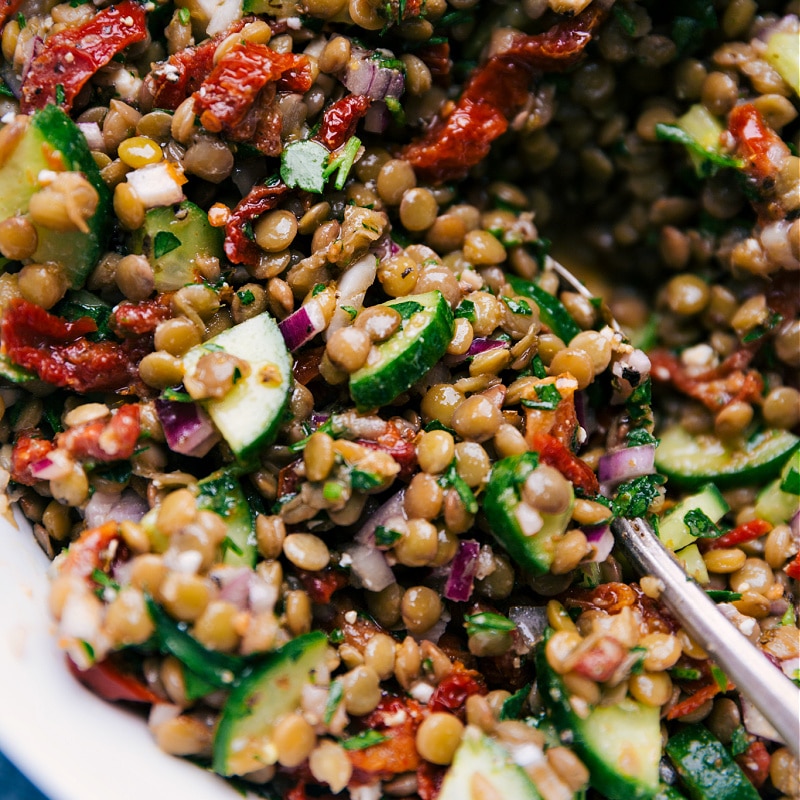 This zippy, fresh Lentil Salad is my latest obsession! With tender lentils, fresh veggies, and the ultimate tangy lemon vinaigrette, you are going to be hooked on this recipe! #side #dinner #protein #healthy #whole #whole30 #clean #cleaneating #cucumber #quick #easy #simple #best #sundriedtomatoes #lentil #salad Lentil Salad