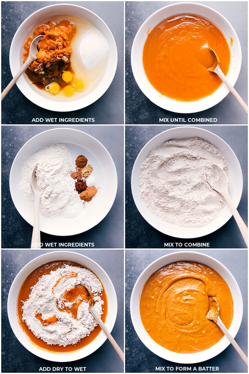 Preparing Pumpkin Cake Batter - Smooth and Flavorful The wet and dry ingredients being prepped and mixed together to create the delicious and smooth batter.
