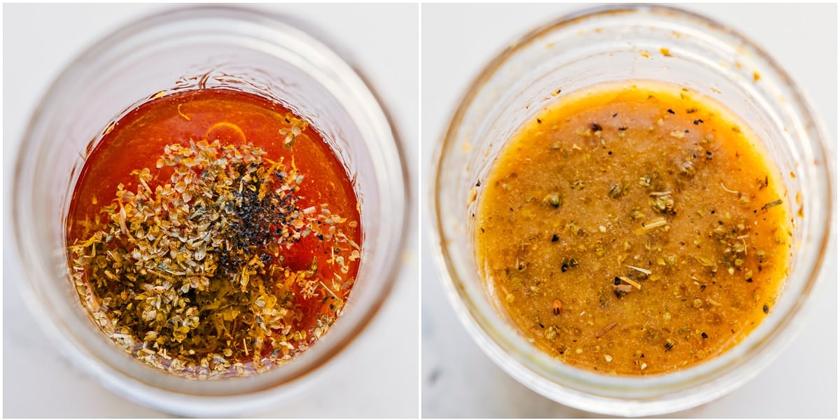 How To Make The Best Dressing For This Quinoa Salad The dressing ingredients mixed together in a mason jar for this quinoa salad.