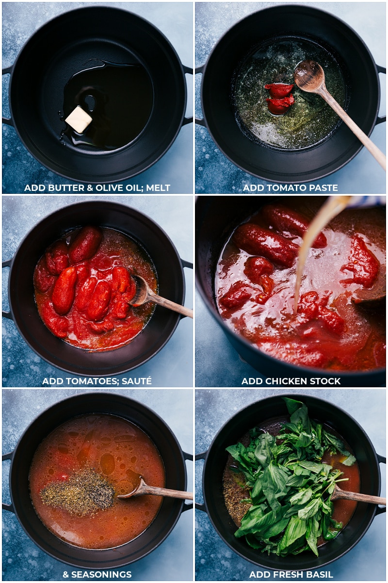 The best ever Tomato Basil Soup Adding everything to the stock pot for this Tomato Basil Soup.