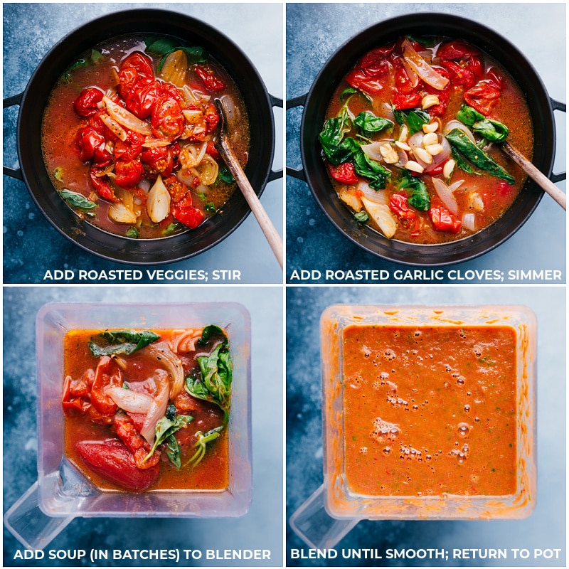 Making Tomato Basil Soup Recipe Adding everything in the stockpot to a blender and blending it until smooth.