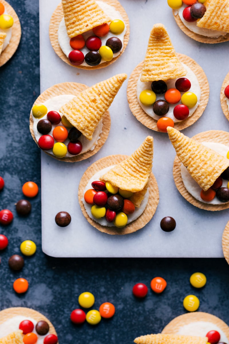 Thanksgiving cookies designed to look like cornucopias.