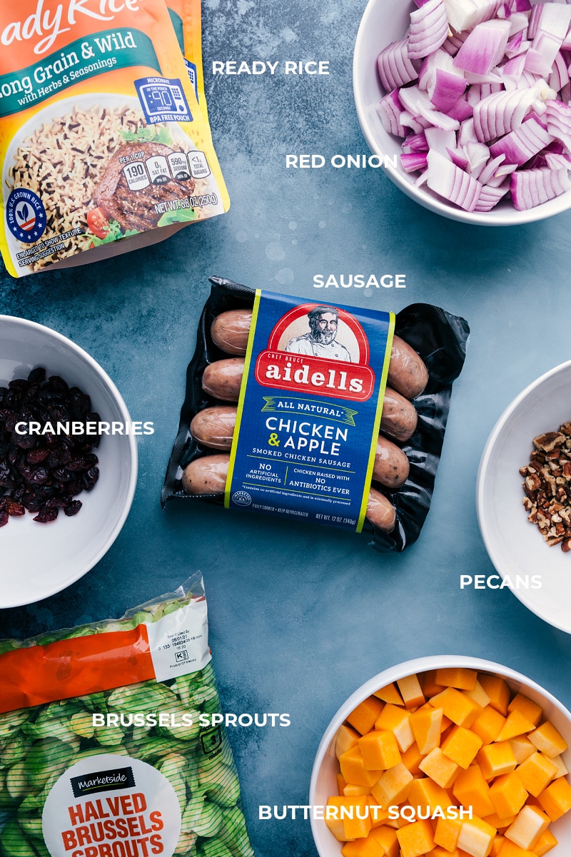 Butternut Squash Wild Rice Pilaf is a tasty and unique ONE-PAN meal! (That's right -- even the wild rice cooks on the sheet pan along with everything else!) Recipe via ChelseasMessyApron #dinner #quick #easy #simple #best #butternutsquash #wildrice #pilaf Ingredient shot: the products used in this recipe