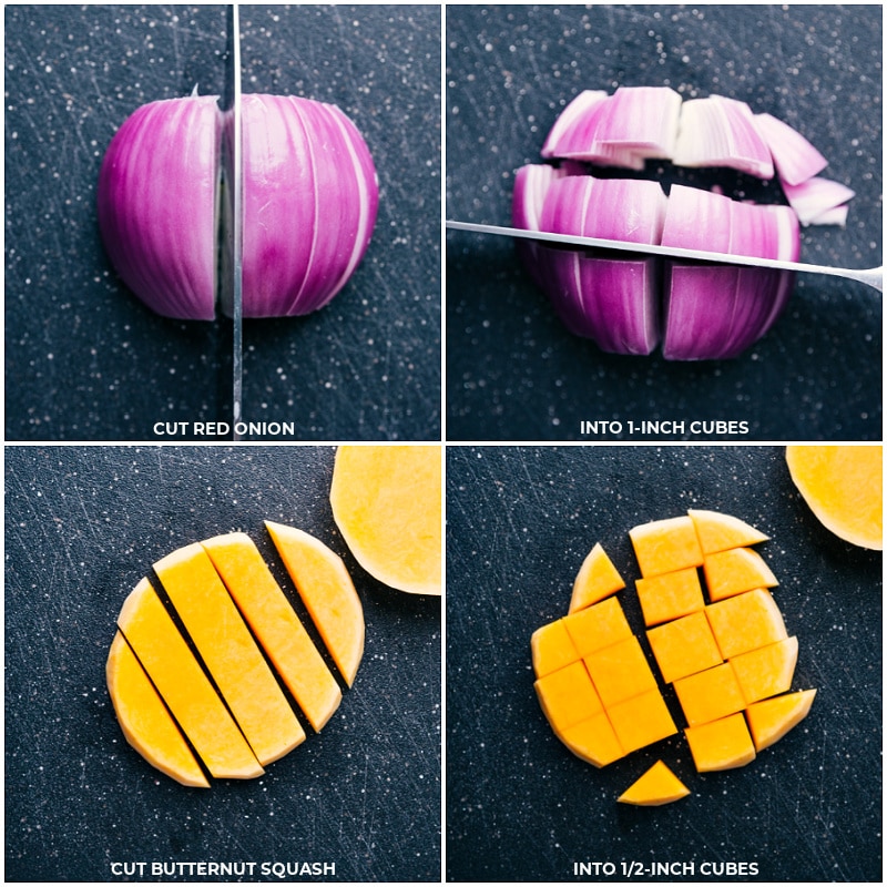 Butternut Squash Wild Rice Pilaf is a tasty and unique ONE-PAN meal! We roast together seasoned wild rice, smoked chicken & apple sausage, maple butternut squash, and perfectly caramelized brussels sprouts and then drizzled in an irresistible maple-orange vinaigrette. Recipe via ChelseasMessyApron #dinner #quick #easy #simple #best #butternutsquash #wildrice #pilaf Photos illustrating the size of the vegetable cubes