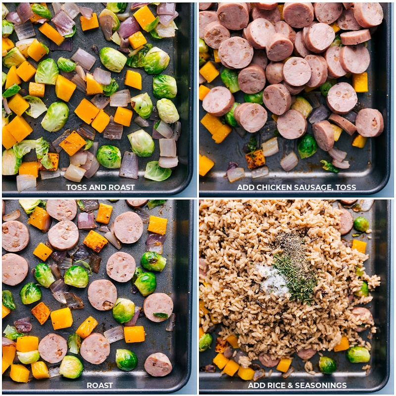 Butternut Squash Wild Rice Pilaf is a tasty and unique ONE-PAN meal! Recipe via ChelseasMessyApron #dinner #quick #easy #simple #best #butternutsquash #wildrice #pilaf Process shots: roasting veggies and adding the sausage and rice