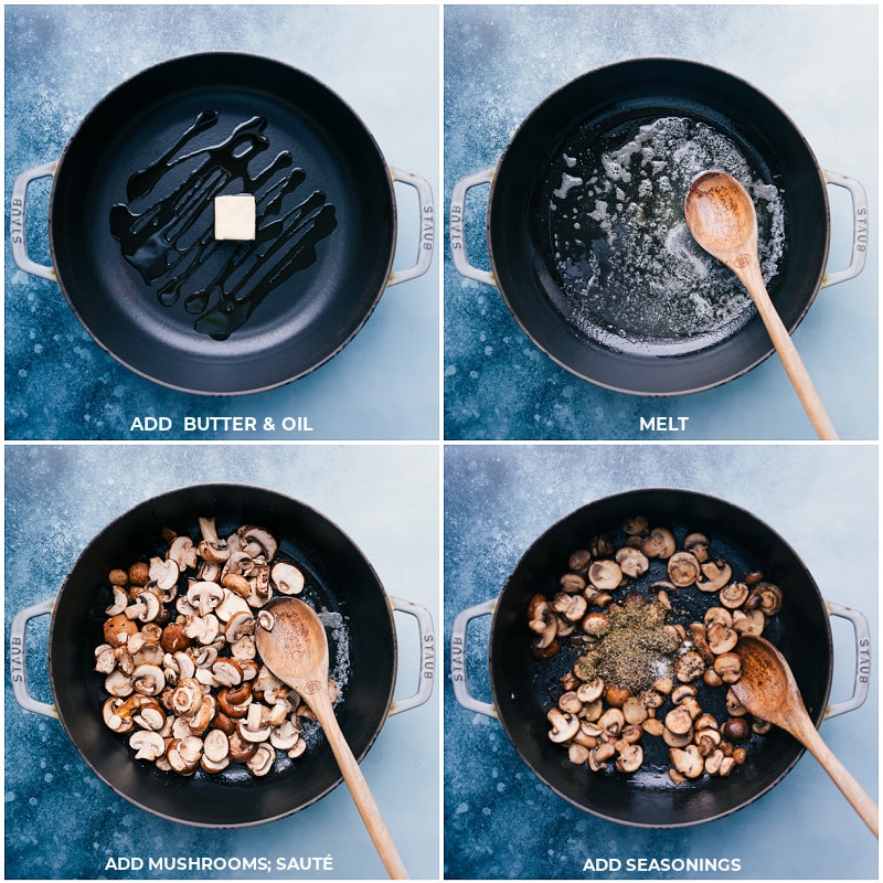 How To Make Creamy Chicken Pasta Butter and oil melting in the skillet, followed by mushrooms sautรฉing with seasonings for this creamy chicken pasta.