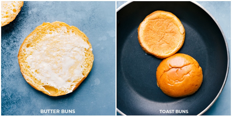 Our favorite Crockpot Sloppy Joes! The slow cooker makes the meat filling ultra-tender and deeply flavorful. These sandwiches are great to serve to a crowd and perfect for summer BBQs or game-day eating. Recipe via ChelseasMessyApron #dinner #quick #easy #simple #best #chips #bbq #lunch #summer #slowcooker #crockpot #sloppy #joes Image of the buns being buttered and toasted for Crockpot Sloppy Joes