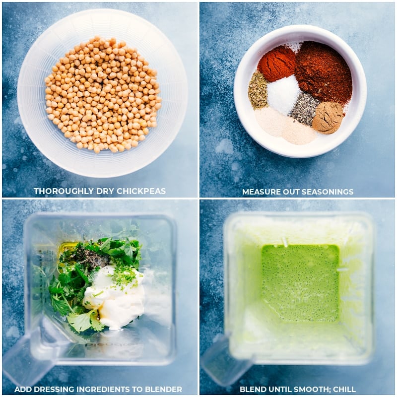 Perfectly-spiced Mexican Chickpeas roasted to perfection and drizzled in the best creamy cilantro-lime sauce! Recipe via ChelseasMessyApron #dinner #quick #easy #simple #best #healthy #protein #clean #cleaneating #spiced #mexican #chickpeas Process shots-- steps in making Mexican Chickpeas