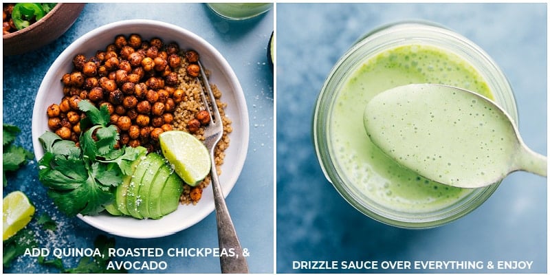 Serve these chickpeas in bowls or in lettuce wraps. Recipe via ChelseasMessyApron #dinner #quick #easy #simple #best #healthy #protein #clean #cleaneating #spiced #mexican #chickpeas Process shots--adding chickpeas to a bowl and drizzling sauce on top