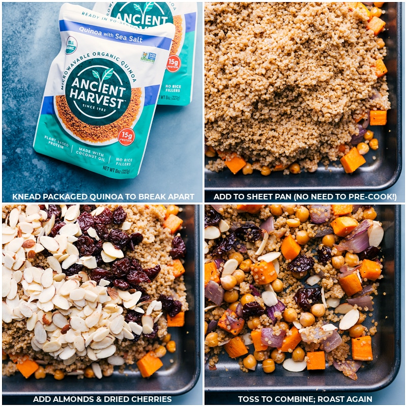 Try Sheet Pan Quinoa Pilaf -- with an irresistible balsamic dressing! Recipe via ChelseasMessyApron #dinner #quick #easy #simple #best #onepan #avocado #healthy #whole #whole30 #quinoa #pilaf Process shots: adding quinoa, almonds and cherries to the pan and continuing to roast.