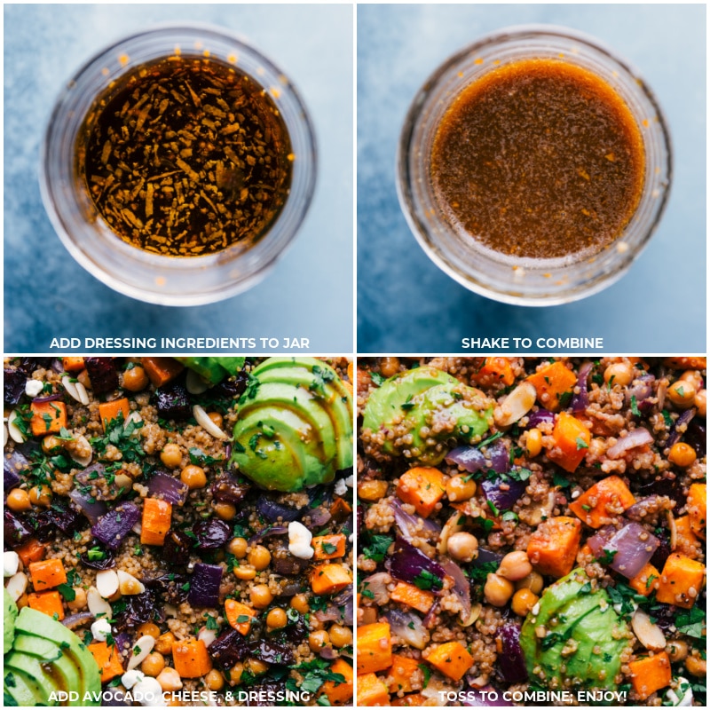 Sheet Pan Quinoa Pilaf is the best! Recipe via ChelseasMessyApron #dinner #quick #easy #simple #best #onepan #avocado #healthy #whole #whole30 #quinoa #pilaf Process shots: creating the dressing and adding it to the pan, along with toppings for this Sheet Pan Quinoa Pilaf