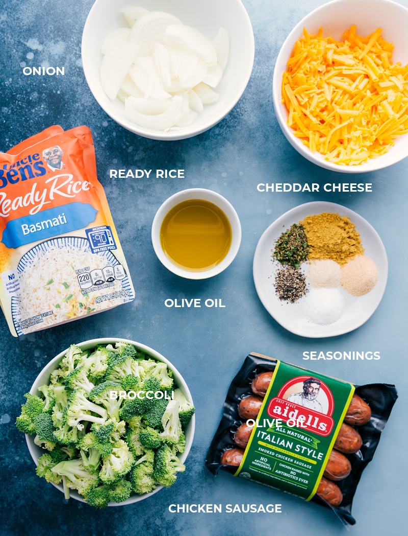 Ingredients In Cheesy Chicken, Broccoli, and Rice All the ingredients used in this dish prepped out for easy assembly.