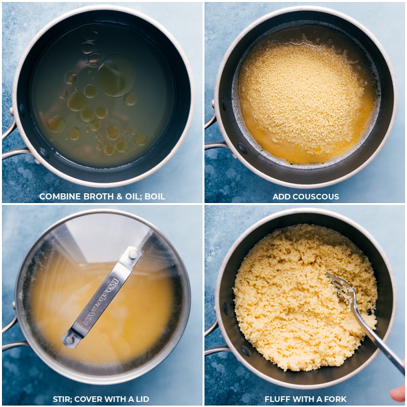 Moroccan couscous: Tiny grains of semolina are about three times the size of a grain of cornmeal. This type cooks very quickly. Israeli couscous: These semolina pellets are about the size of peppercorns and will take much longer to cook. This type is usually steamed in the traditional long-cooking method. Lebanese couscous: Larger than Israeli couscous, the starchy pellets are about the size of small peas. Cook long and slow. Process shots-- making couscous for Kidney Bean Bowls