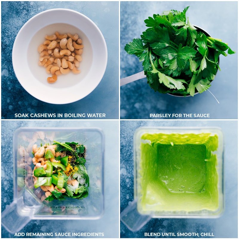 Meatless Kidney Bean Bowls combine seasoned and roasted veggies with lemony couscous and the best lemon-herb sauce. Recipe via ChelseasMessyApron #dinner #lunch #mealprep #quick #easy #simple #healthy #clean #cleaneating #best #avocado #couscous #sweetpotato #kidneybean #bowl Process shots-- making the sauce in a blender