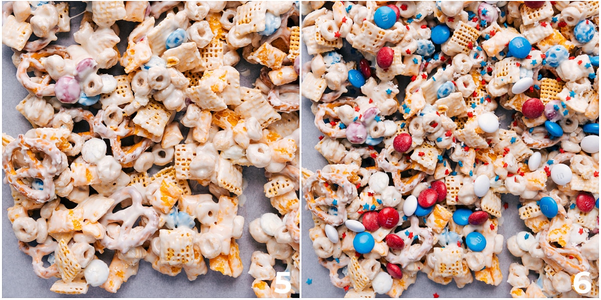 The Best 4th Of July Snack Mix Recipe The treat spread on a tray so the chocolate can harden, the toppings being sprinkled on top of everything.