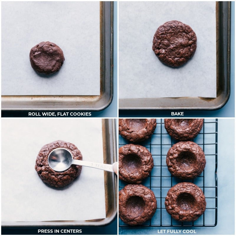 Almond Joy Cookies start with a brownie cookie base! Recipe via ChelseasMessyApron #dessert #best #quick #easy #simple #chocolate #frosting #almondjoy #thumbprint #cookies Process shots-- images of the dough being rolled out and baked and the centers being pressed in