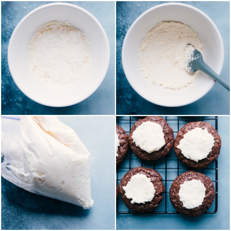 Almond Joy Cookies-- what's not to love?! Recipe via ChelseasMessyApron #dessert #best #quick #easy #simple #chocolate #frosting #almondjoy #thumbprint #cookies Process shots of Almond Joy Cookies--images of the frosting filling the centers and coconut being added