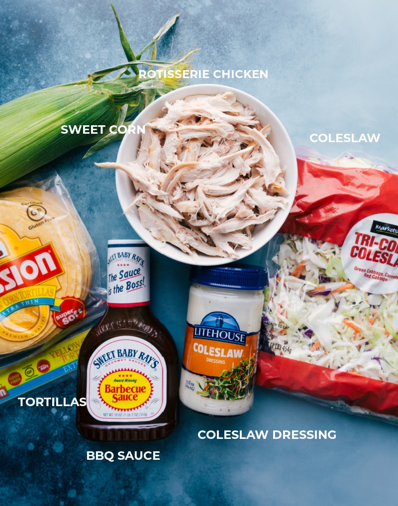 BBQ Chicken Tacos with Coleslaw require minimal ingredients and pack a flavor punch! We toss packaged coleslaw with coleslaw dressing and load that up in a tortilla. Top with saucy BBQ chicken and fresh sweet corn and dinner's on the table! Recipe via ChelseasMessyApron #dinner #quick #easy #simple #best #corn #coleslaw #healthy #20minutes #bbq #chicken #tacos Ingredient shot-- images of all the ingredients used in this dish