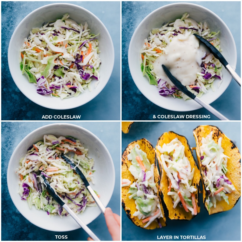 Super-quick BBQ Chicken Tacos with Coleslaw require minimal ingredients and pack a flavor punch! Top with saucy BBQ chicken and fresh sweet corn and dinner's on the table! Recipe via ChelseasMessyApron #dinner #quick #easy #simple #best #corn #coleslaw #healthy #20minutes #bbq #chicken #tacos Process shots-- mix coleslaw with dressing; toss; load into charred tortillas.