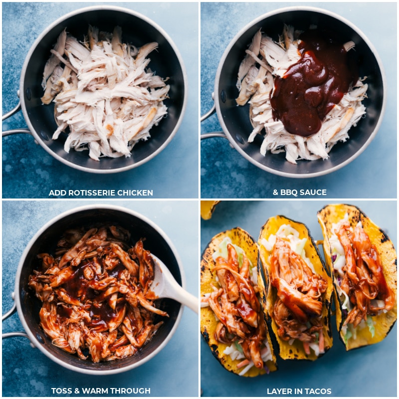 Super-quick BBQ Chicken Tacos with Coleslaw require minimal ingredients and pack a flavor punch! We toss packaged coleslaw with coleslaw dressing and load that up in a tortilla. Recipe via ChelseasMessyApron #dinner #quick #easy #simple #best #corn #coleslaw #healthy #20minutes #bbq #chicken #tacos Process shots-- add chicken and BBQ sauce to a pan; toss and warm through; add onto the tortillas.