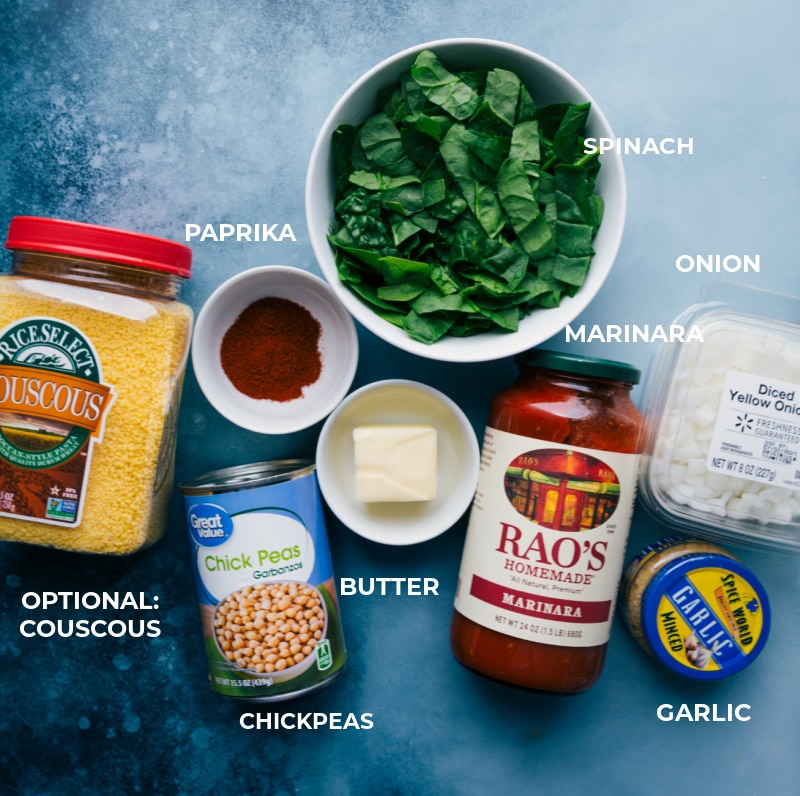 Beans On Toast is one of the easiest--yet most satisfying-- meals! Garbanzo beans (chickpeas) are sautรฉed in a flavorful marinara and mixed with spinach. Serve over toasted bread, fried bread (our fave), or couscous -- we'll share all the different serving suggestions to keep this meal exciting every time you prepare it! Recipe via Chelseasmessyapron.com #beansontoast #beans #garbanzo #chickpeas #vegetarian #easy #supper Ingredient shot--Ingredients used in this recipe.