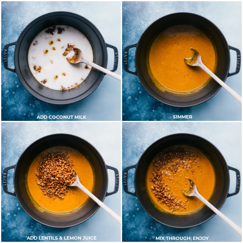 Coconut Curry Lentils are ridiculously quick and simple to make! To have these saucy, tasty lentils on the table in a hurry, we use a few shortcuts including already minced ginger & garlic, canned lentils, and a simple seasoning blend. Recipe via ChelseasMessyApron #dinner #quick #easy #simple #clean #cleaneating #30minutes #onepot #seasonings #coconut #curry #lentils Process shots--add coconut milk to the sautรฉed aromatics and simmer; add lentils and lemon juice; mix well and serve.