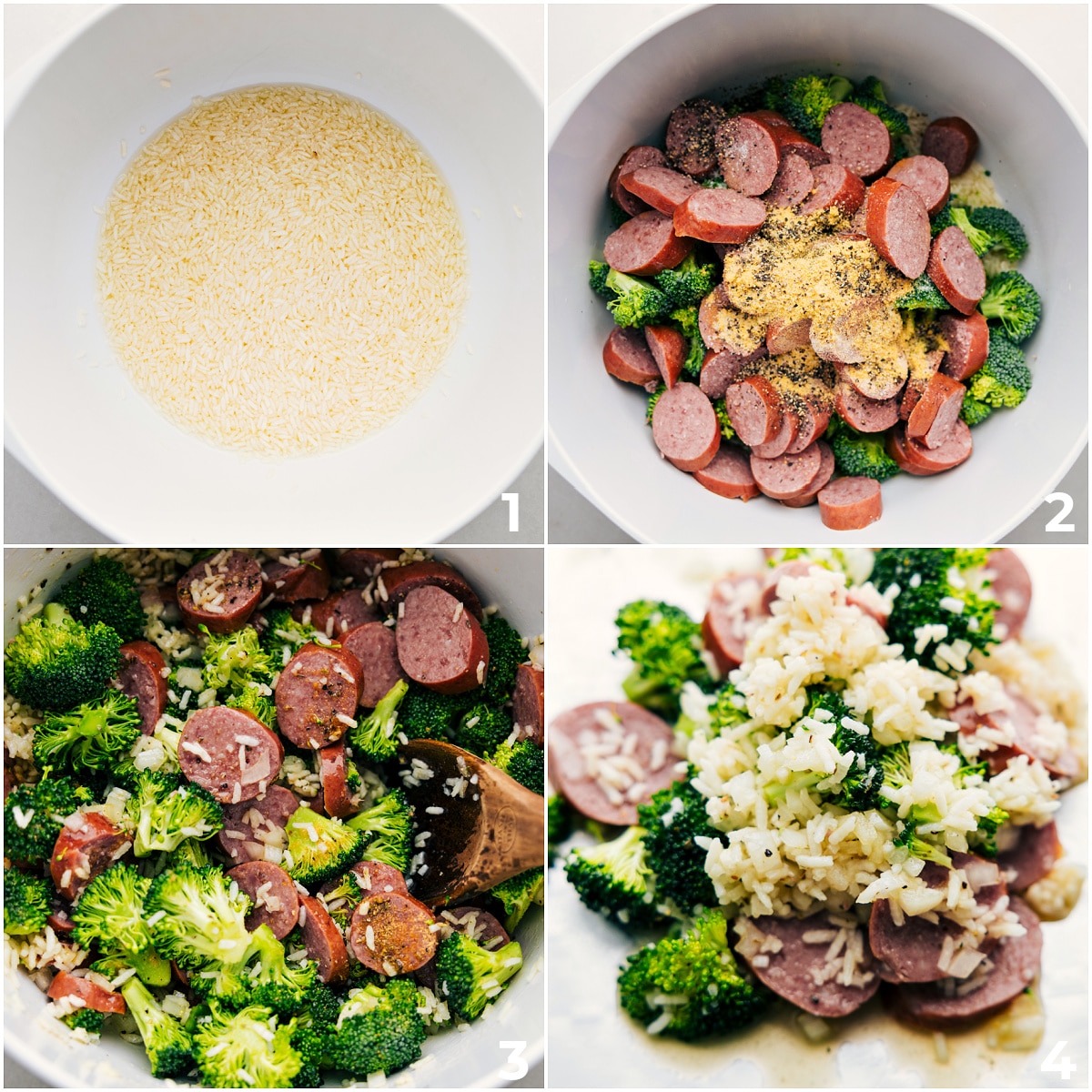 How To Make Cheesy Broccoli & Chicken Recipe All the ingredients in Cheesy Broccoli & Chicken being combined in a bowl and it all being assembled.