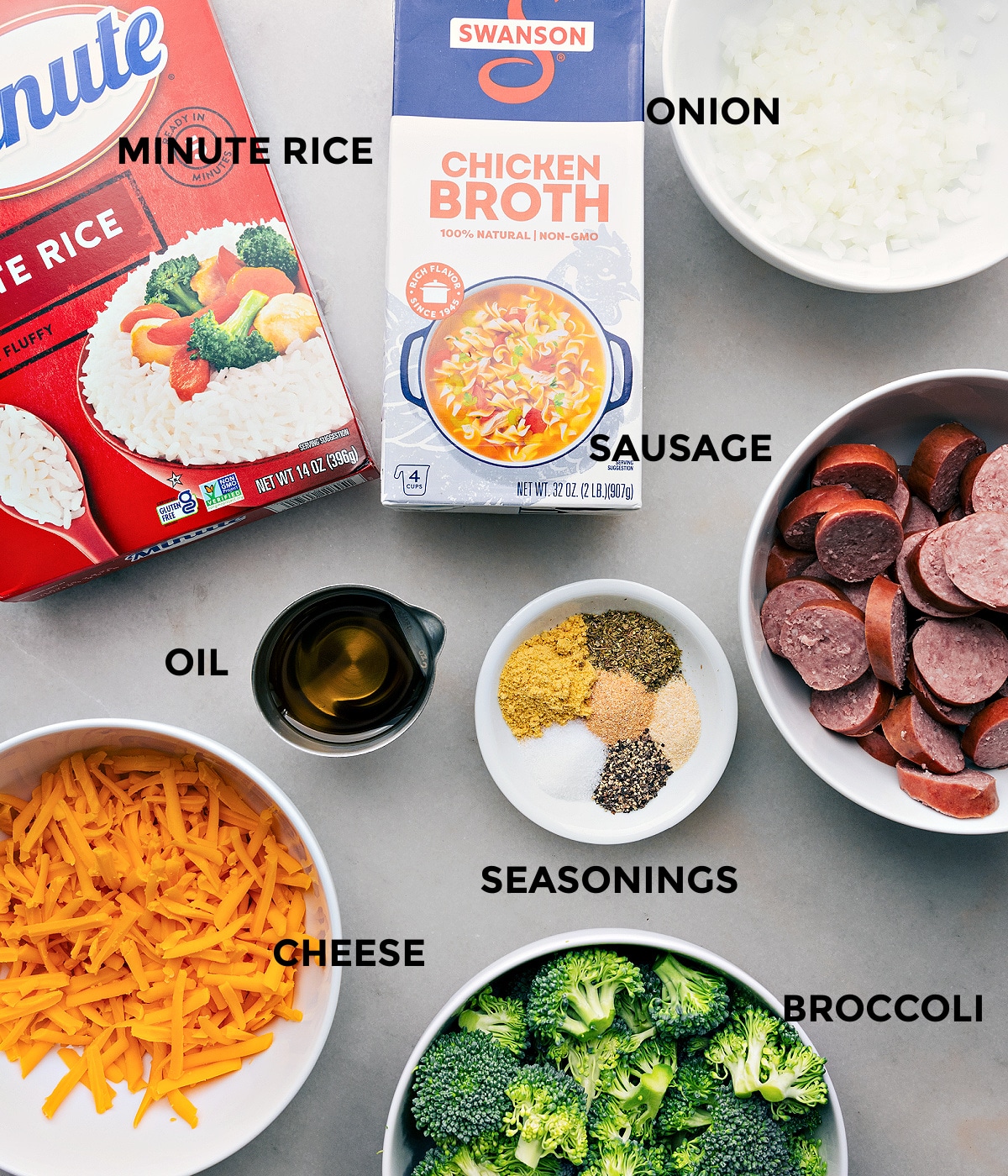 Ingredients In Cheesy Broccoli & Chicken Sausage Foil Pack Dinner All the ingredients in this recipe prepped out for easy assembly.