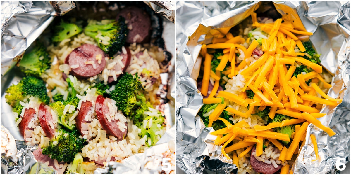 Making The Best Cheesy Broccoli & Chicken (Foil Pack) The dinner in a foil pack right out of the oven and then cheese being grated on top.