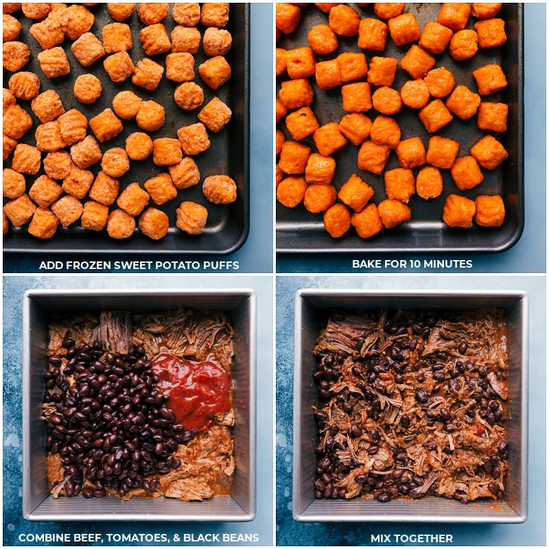 Deconstructed Beef Totchos are Tater Tot nachos dismantled into its component parts -- we've got saucy beef and black beans, sweet potatopuffs, and all your favorite nacho toppings. Recipe via ChelseasMessyApron #dinner #quick #easy #simple #best #30mins #avocado #cheese #tatertots #sweetpotato #deconstructed #beef #totchos Process shots-- image of the sweet potato puffs being roasted; prepping the beef; mixing the beef ingredients