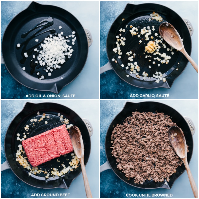 French Bread Taco Pizza takes a loaf of French bread, loads it up with taco-seasoned meat, lots of cheese, and finishes it off with your favorite taco toppings. Recipe via ChelseasMessyApron #dinner #quick #easy #simple #best #20minutedinner #cheap #frenchbread #taco #pizza Process shots-- Sautee onion and garlic in oil; add beef; cook until browned.