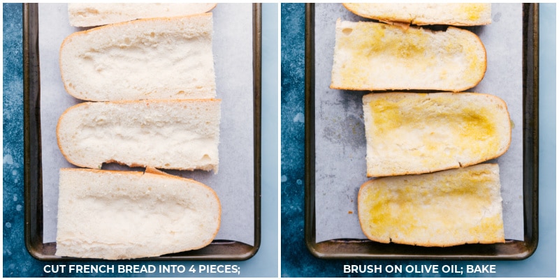 The best-ever French Bread Taco Pizza takes a loaf of French bread, loads it up with taco-seasoned meat, lots of cheese, and finishes it off with your favorite taco toppings. Recipe via ChelseasMessyApron #dinner #quick #easy #simple #best #20minutedinner #cheap #frenchbread #taco #pizza Process shots of the French Bread Taco Pizza--Cut the bread into four pieces; brush on olive oil and bake.