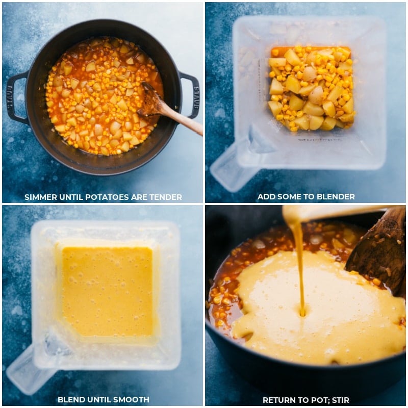 Potato Corn Chowder combines the best of summer produce -- sweet corn with fresh basil and pesto! This hearty, creamy,ย thick soup is simple to make and a total crowd pleaser! Recipe via ChelseasMessyApron.com #dinner #quick #easy #simple #best #creamy #summer #potato #corn #chowder Process shots--simmer until potatoes are tender; add some of the mixture to a blender; process until smooth; return to the pot and mix in.