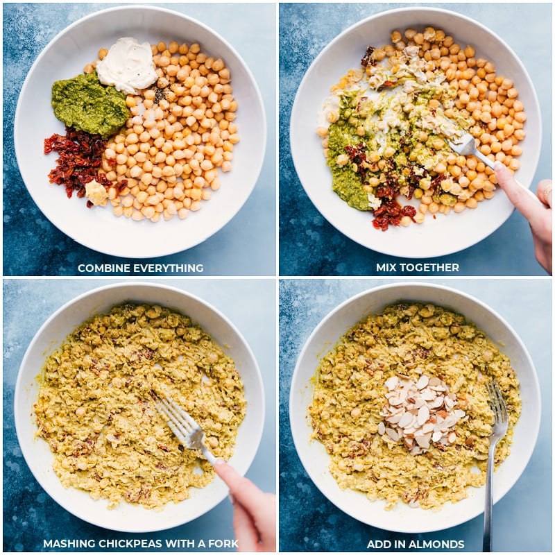 Ingredients In Pesto Chickpea Sandwiches Ingredients in a bowl being mashed with a fork, then almonds added to make pesto chickpea sandwiches.