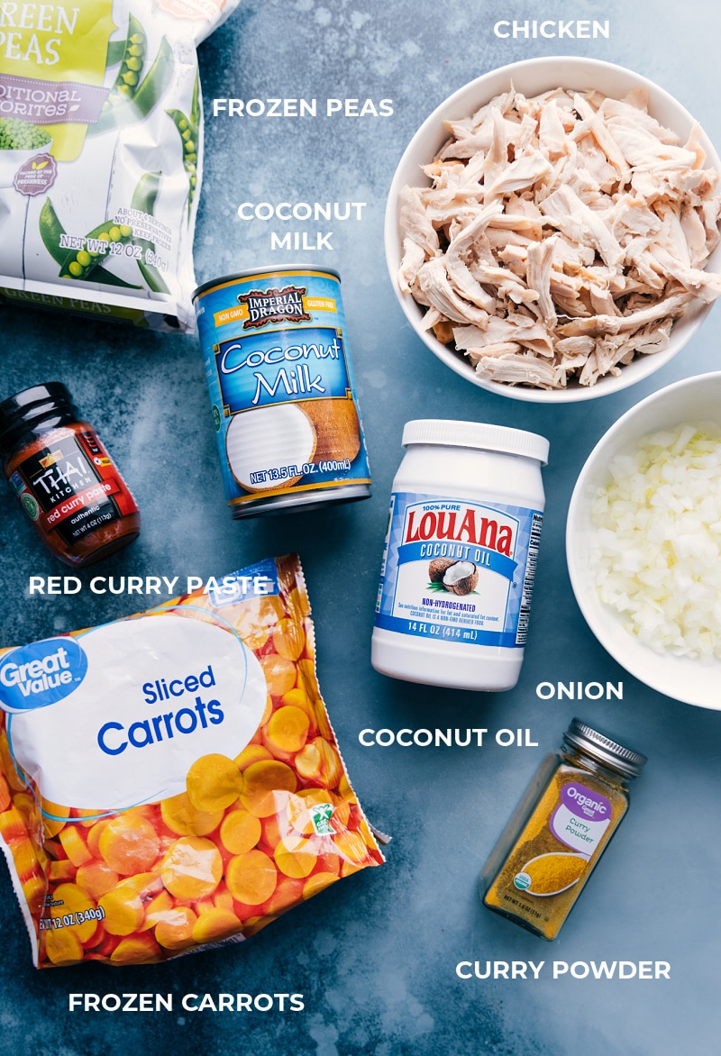 Ingredients In Quick Chicken Curry All the ingredients for this recipe prepped and laid out for easy assembly, including peas, coconut milk, shredded chicken, red curry paste, coconut oil, diced onions, sliced carrots, and seasonings.