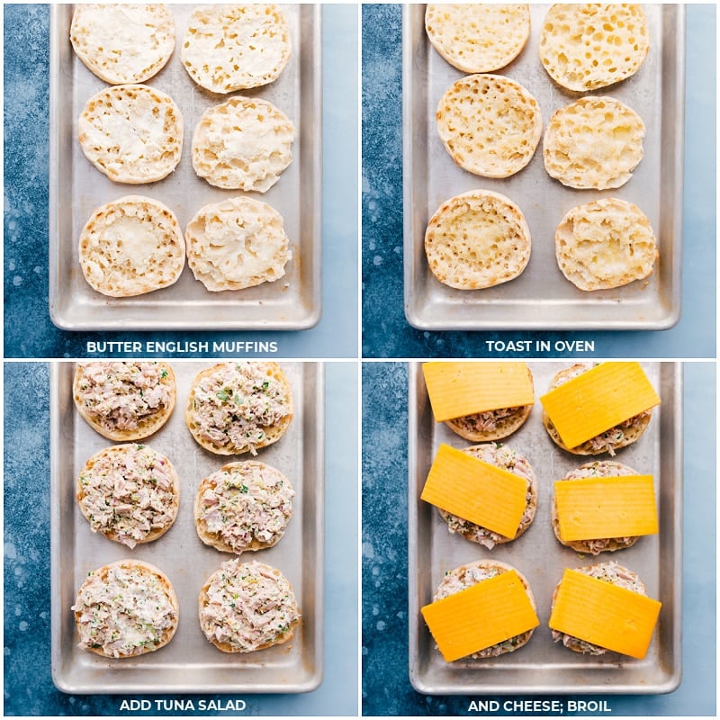 Make Tuna Melts with toasted English muffins, a simple creamy tuna mixture, and lots of melty Cheddar! Recipe via ChelseasMessyApron #dinner #quick #easy #simple #best #cheddar #bread #cheese #tuna #melts Process shots of the tuna melts-- butter the English muffins; toast in the oven; top with tuna mixture; add cheese and broil.