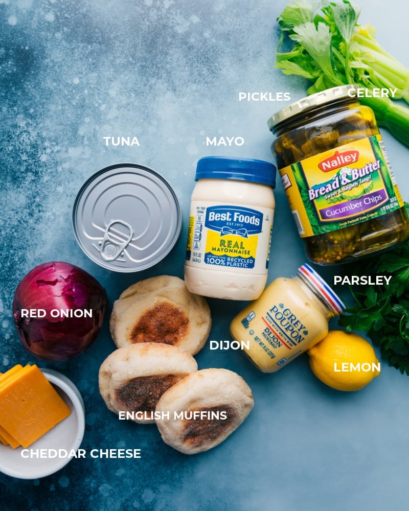 Make Tuna Melts with toasted English muffins, a simple creamy tuna mixture, and lots of melty Cheddar! Recipe via ChelseasMessyApron #dinner #quick #easy #simple #best #cheddar #bread #cheese #tuna #melts Ingredient shot--image of the ingredients in this dish
