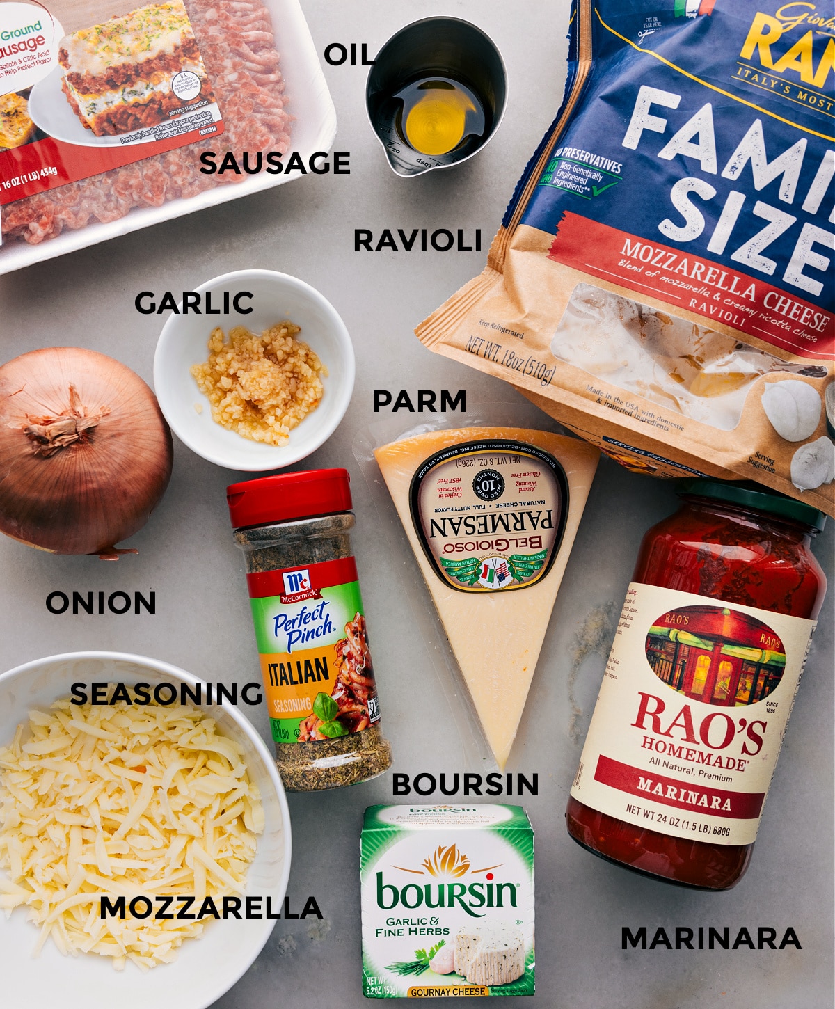 One Skillet Baked Ravioli All the ingredients in this recipe prepped out for easy assembly.