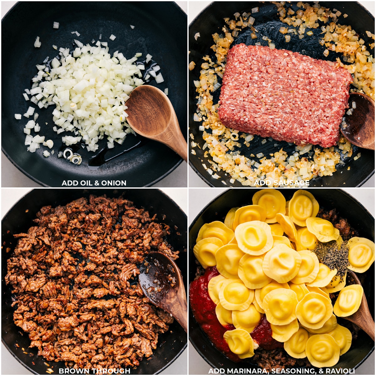 Delicious Baked Ravioli Oil, onion, sausage, marinara, sausage, and ravioli being added to the pot for this baked ravioli.