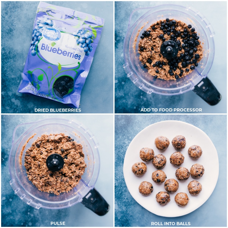 Blueberry Energy Bites are loaded with all the good stuff! These bites have coconut flakes, oats, roasted almond butter, chunks of chocolate, and bursts of sweet dried blueberries. They're naturally sweetened with honey and enhanced with vanilla extract and cinnamon -- yum! Recipe via ChelseasMessyApron #snack #treat #dessert #best #quick #easy #simple #healthy #proteinsnack #clean #blueberry #energy #bites Process shots: Add dried blueberries to the other ingredients in the food processor; process briefly; roll into balls.