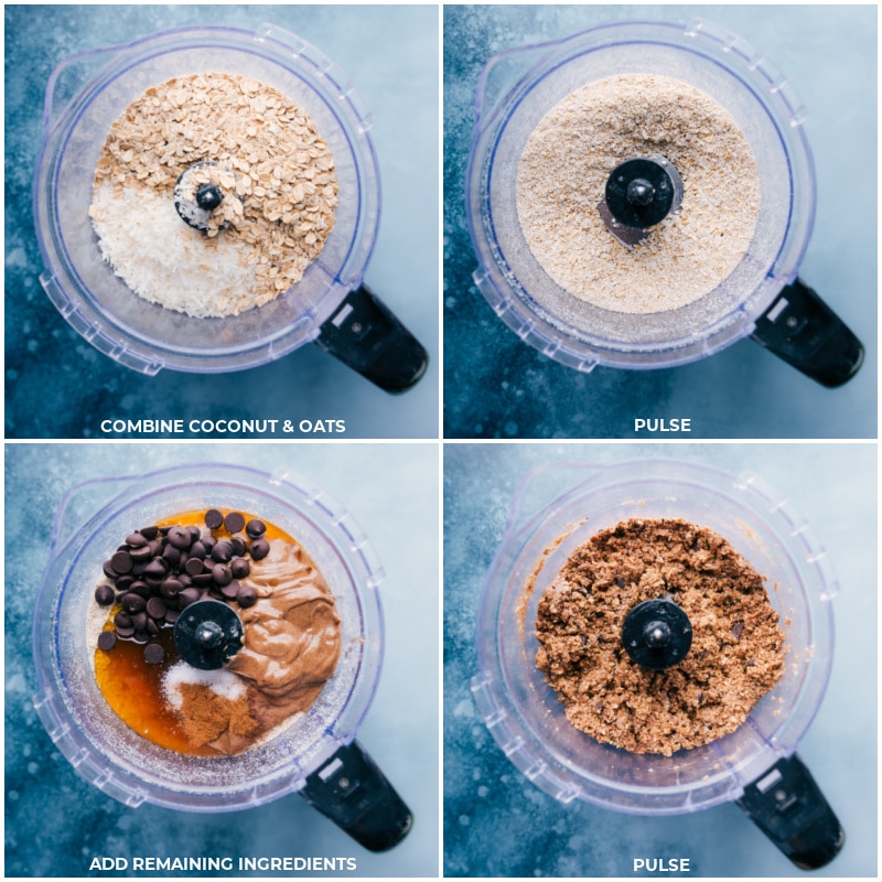 Blueberry Energy Bites are loaded with all the good stuff!! Recipe via ChelseasMessyApron #snack #treat #dessert #best #quick #easy #simple #healthy #proteinsnack #clean #blueberry #energy #bites Process shots-- images of the Blueberry Energy Bites being made in the food processor