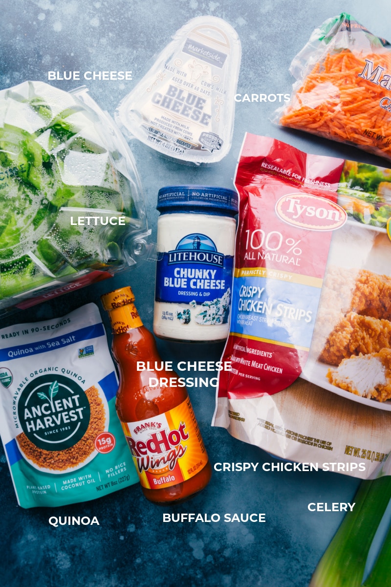 Buffalo Chicken Lettuce Wraps! Crispy chicken is tossed in buffalo sauce and loaded in crispy lettuce wraps, topped with crunchy veggies, and drizzled in a bold bleu cheese (or ranch!) dressing. Recipe via ChelseasMessyApron #dinner #quick #easy #simple #spicy #sauce #quinoa #buffalo #chicken #lettuce #wraps Ingredient shot-- image of all the ingredients used in this dish