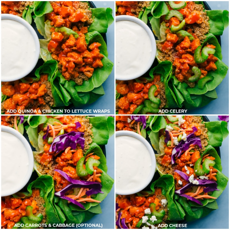Buffalo Chicken Lettuce Wraps! Recipe via ChelseasMessyApron #dinner #quick #easy #simple #spicy #sauce #quinoa #buffalo #chicken #lettuce #wraps Process shots-- images of the quinoa, chicken, celery, carrots, cabbage, and cheese being added to these Buffalo Chicken Lettuce Wraps